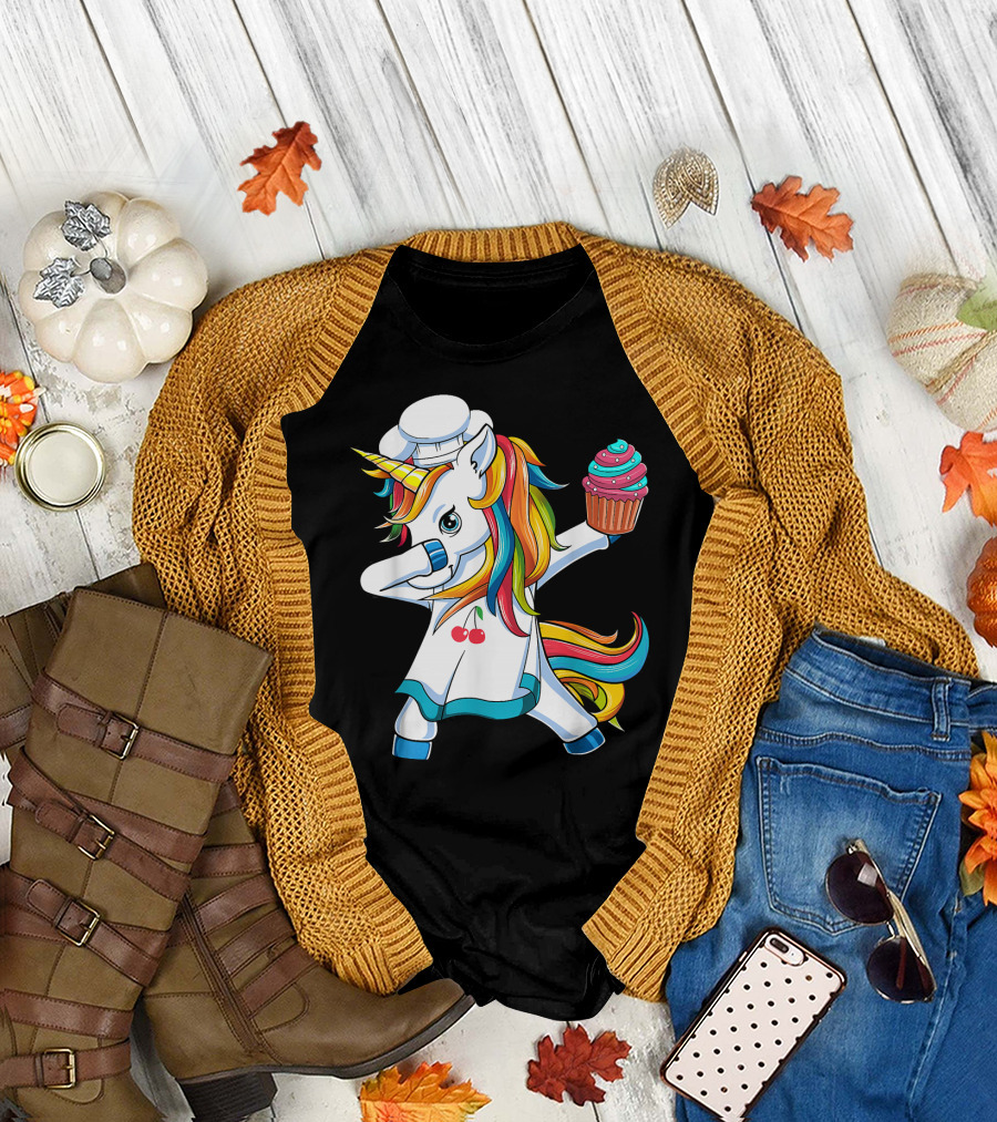 Dabbing Unicorn Rainbow Chef with Cupcake T-Shirt
