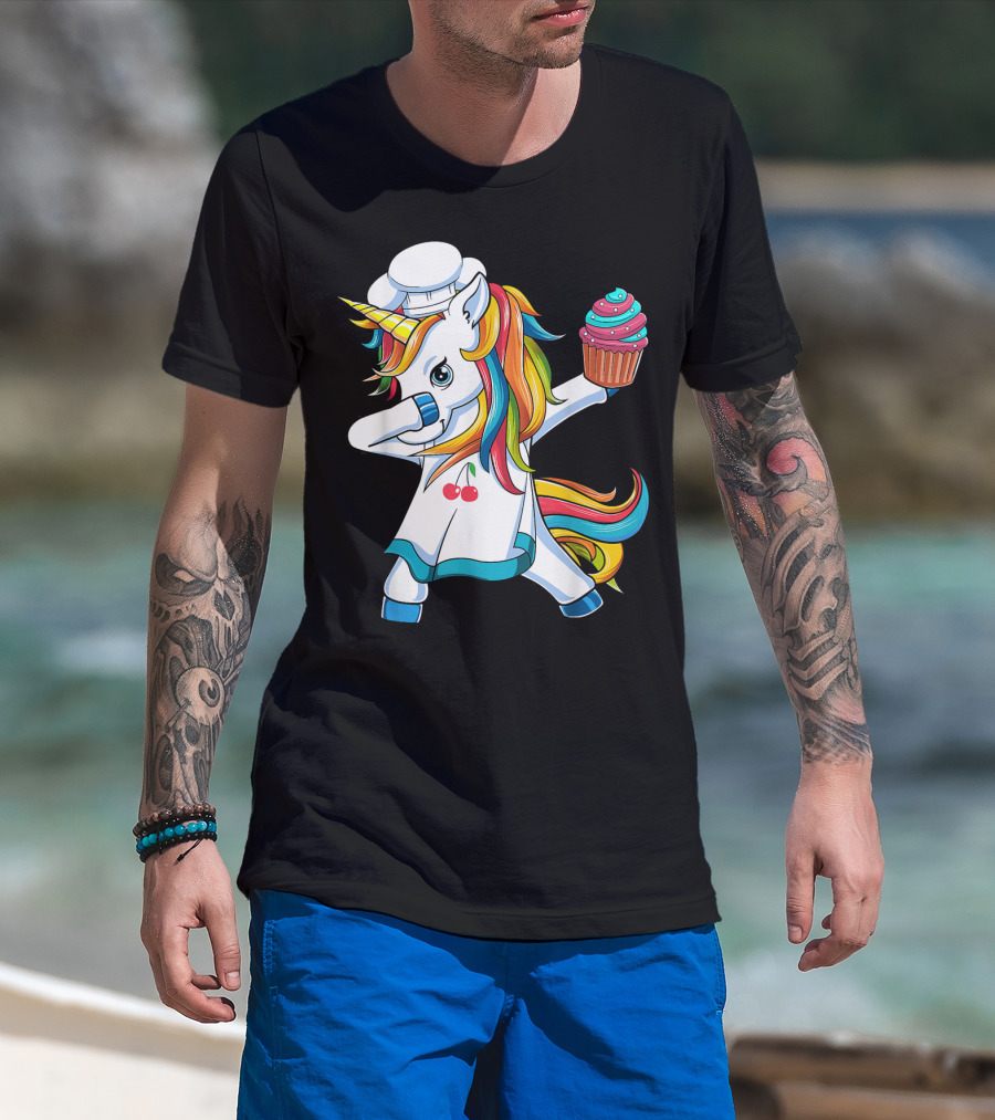 Dabbing Unicorn Rainbow Chef With Cupcake T-Shirt