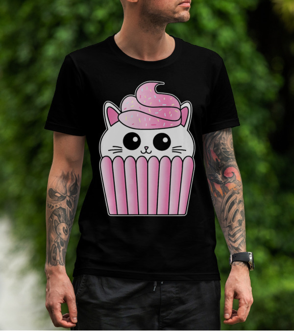 Kawaii Cat Cupcake Muffin In Pink Sweet Delight T-Shirt
