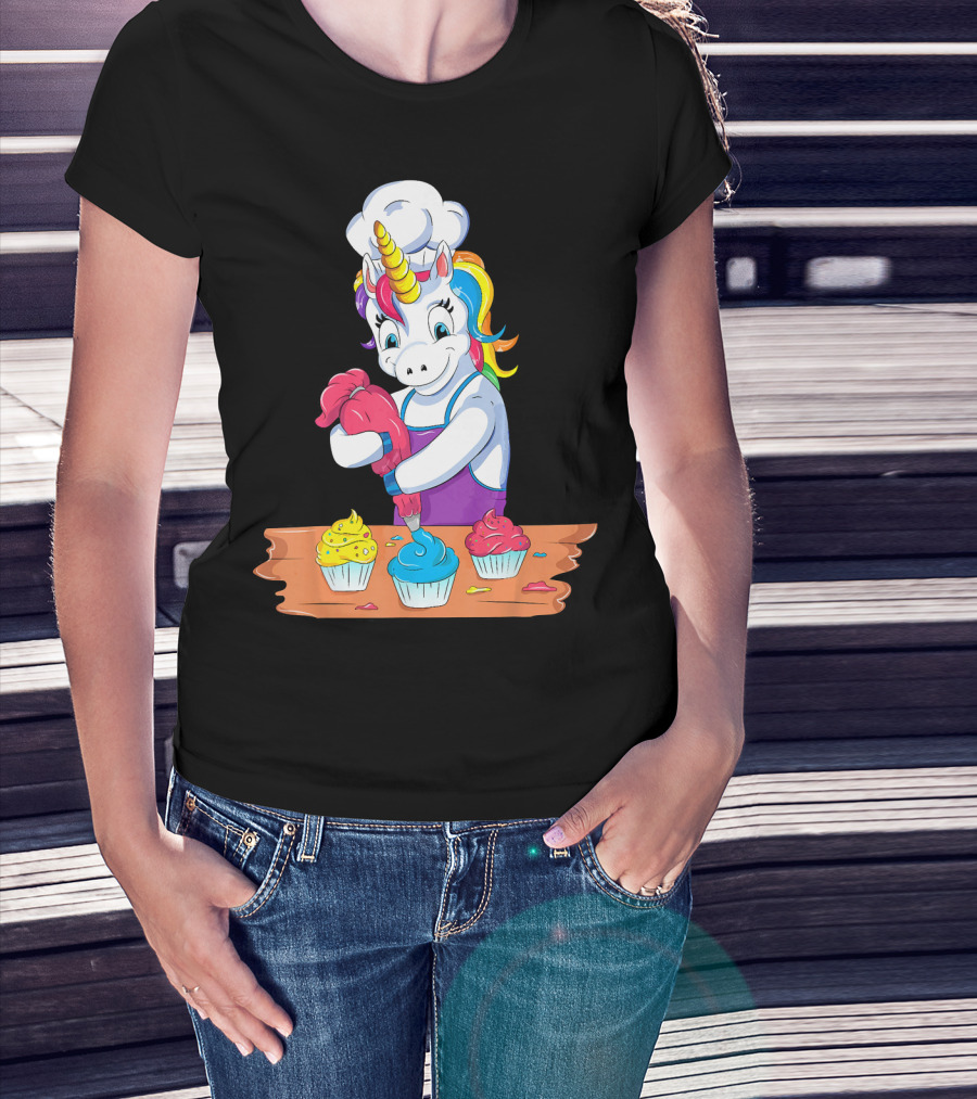 Unicorn Baking Colorful Cupcake Creations Chef T-Shirt