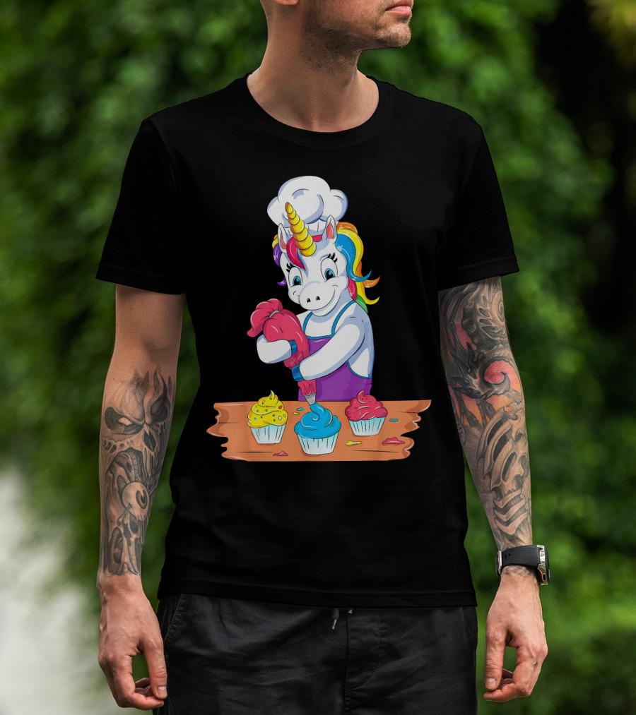 Unicorn Baking Colorful Cupcake Creations Chef T-Shirt