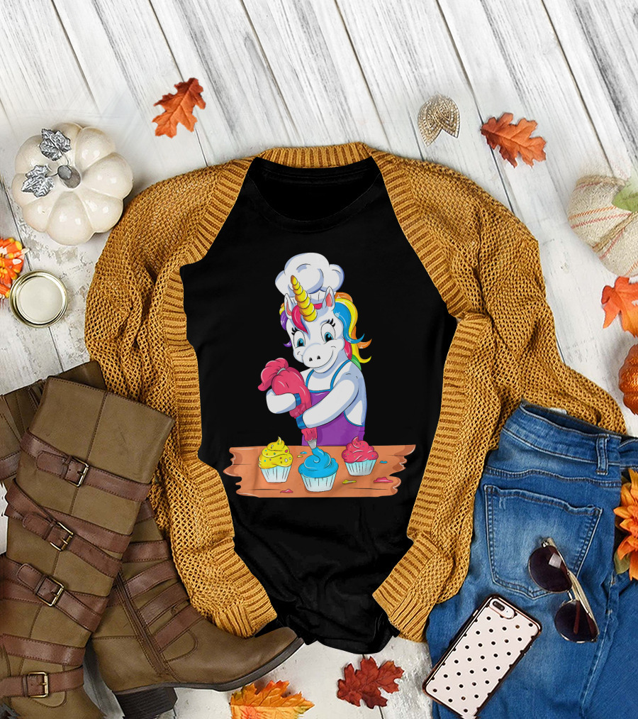 Unicorn Baking Colorful Cupcake Creations Chef T-Shirt