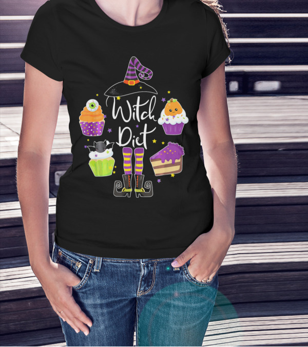 Witch Diet Funny Halloween Pumpkin Cupcake Treats With Witch Hat And Boots T-Shirt