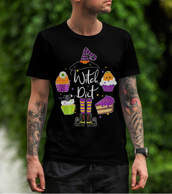 Witch Diet Funny Halloween Pumpkin Cupcake Treats With Witch Hat And Boots T-Shirt