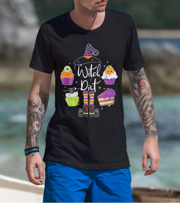 Witch Diet Funny Halloween Pumpkin Cupcake Treats With Witch Hat And Boots T-Shirt