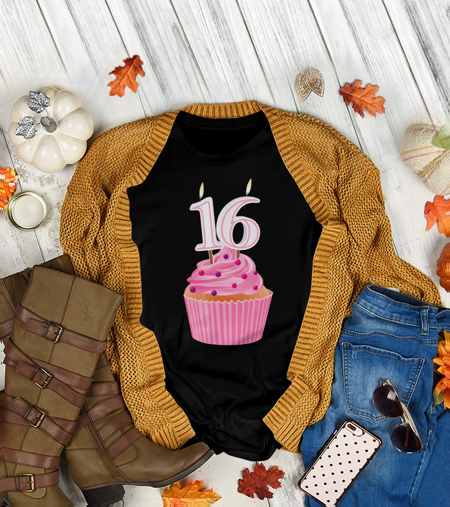 Sweet 16 Birthday Pink Cupcake with Number Candle T-Shirt