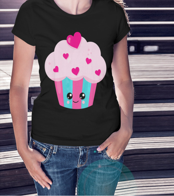 Kawaii Pink Hearts Cupcake With Cute Happy Face T-Shirt