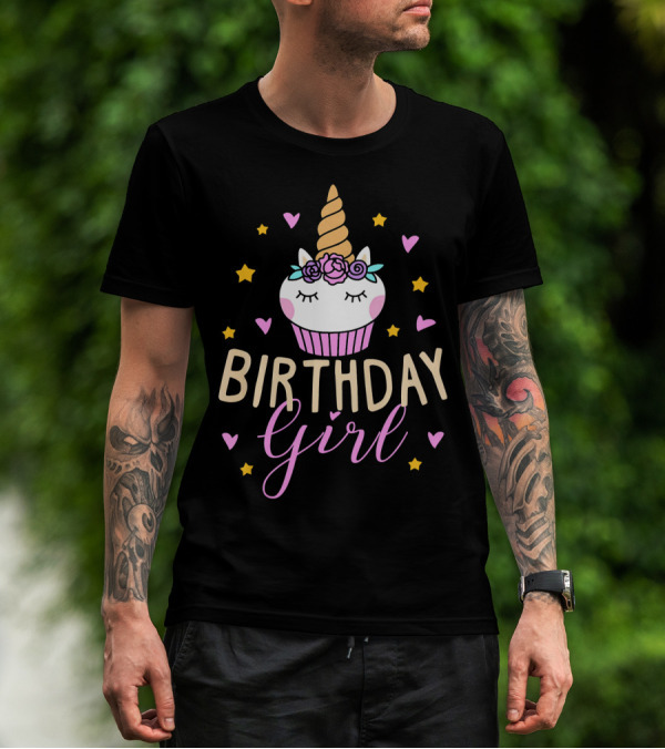 Birthday Girl Unicorn Cupcake Stars Hearts Cute Funny T-Shirt
