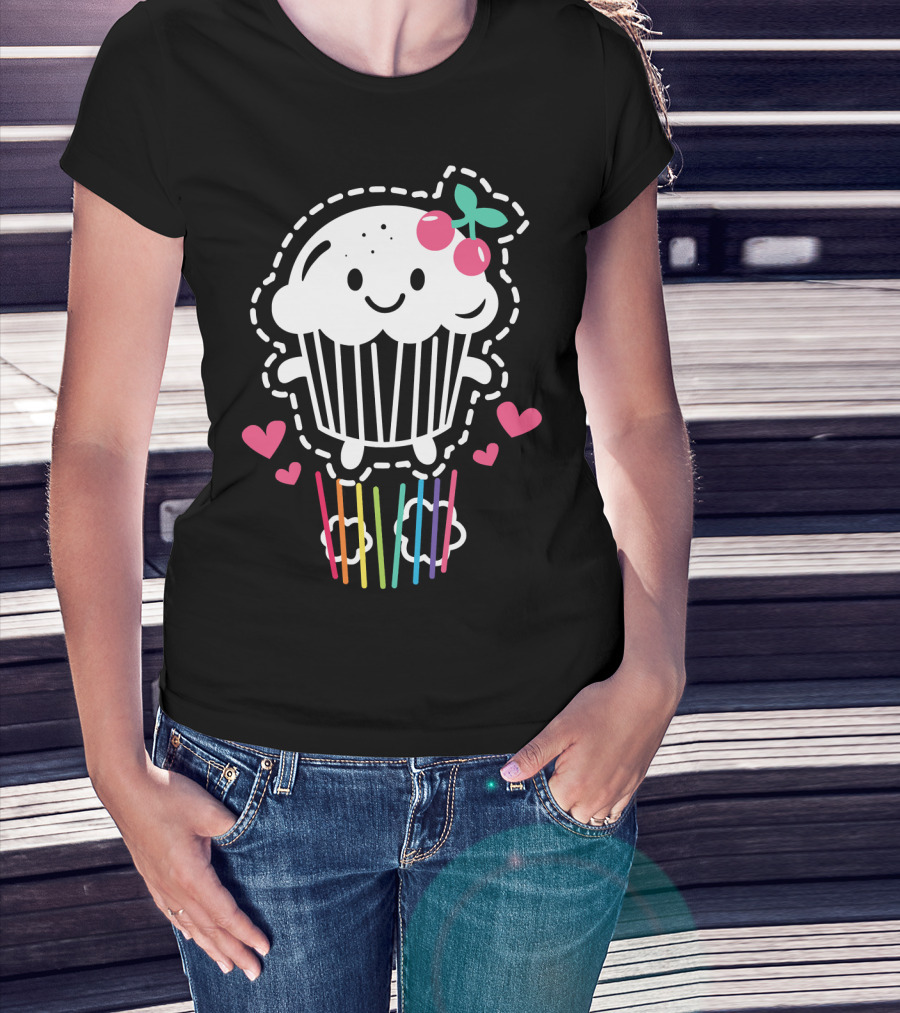 Cupcake Cute Kawaii Rainbow Team Cherry Hearts Rainbow Jump T-Shirt