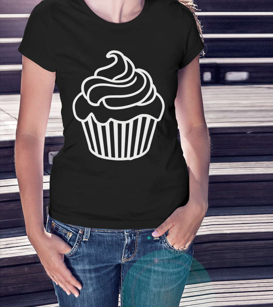 Cupcake Icon Black And White Outlined T-Shirt