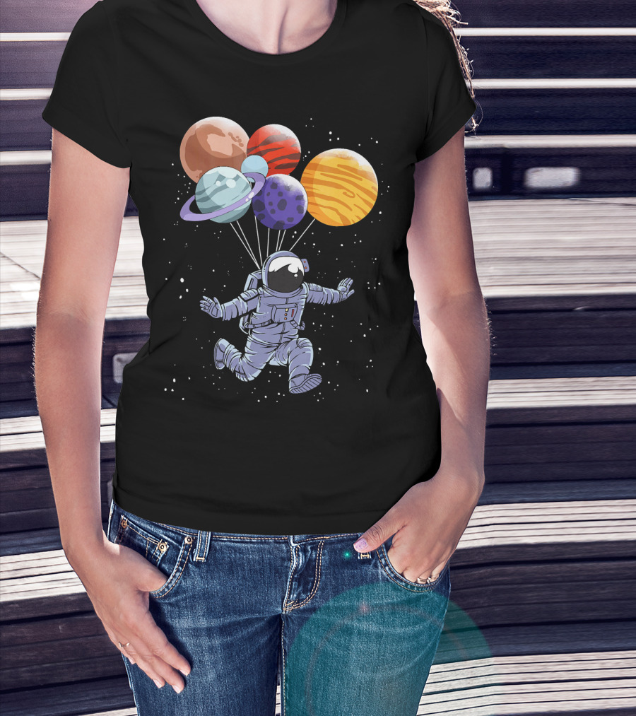 Astronaut Floating With Planet Balloons In Space Boys T-Shirt