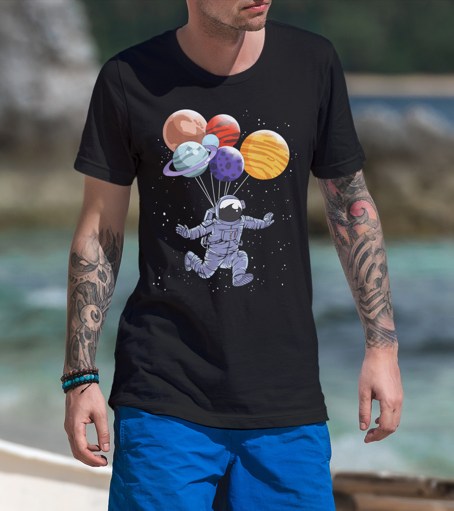 Astronaut Floating With Planet Balloons In Space Boys T-Shirt