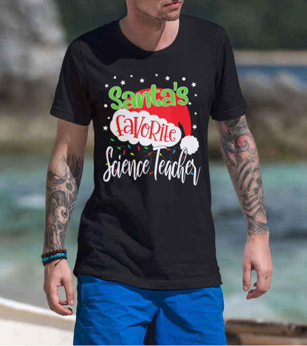 Santa's Favorite Science Teacher Christmas Hat Lights T-Shirt