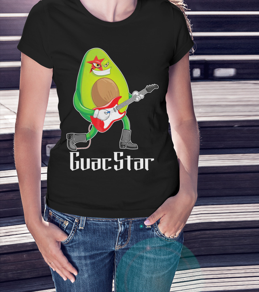 Guac Star Avocado Rock Star Playing Guitar With Red Boots T-Shirt