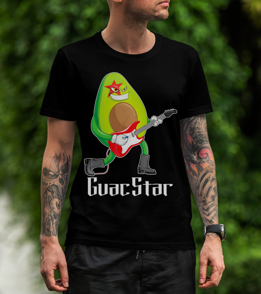 Guac Star Avocado Rock Star Playing Guitar With Red Boots T-Shirt