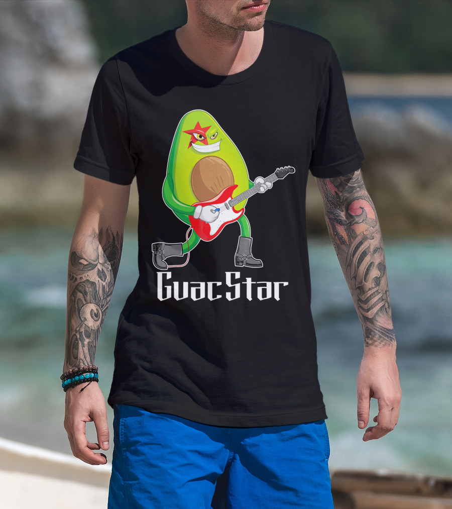 Guac Star Avocado Rock Star Playing Guitar With Red Boots T-Shirt