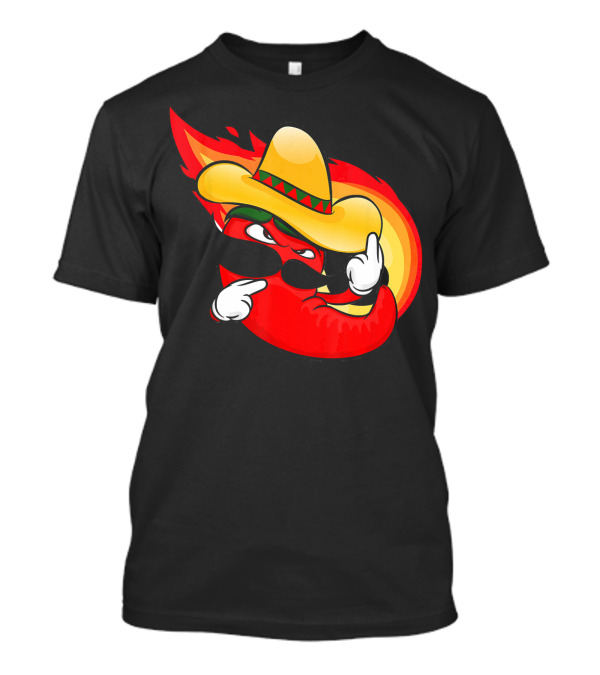 Spicy Hot And Spicy Chili Red With Burning Chili Pepper In Sombrero And Flame Background T-Shirt