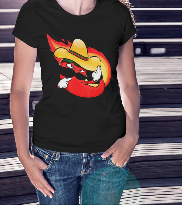 Spicy Hot And Spicy Chili Red With Burning Chili Pepper In Sombrero And Flame Background T-Shirt