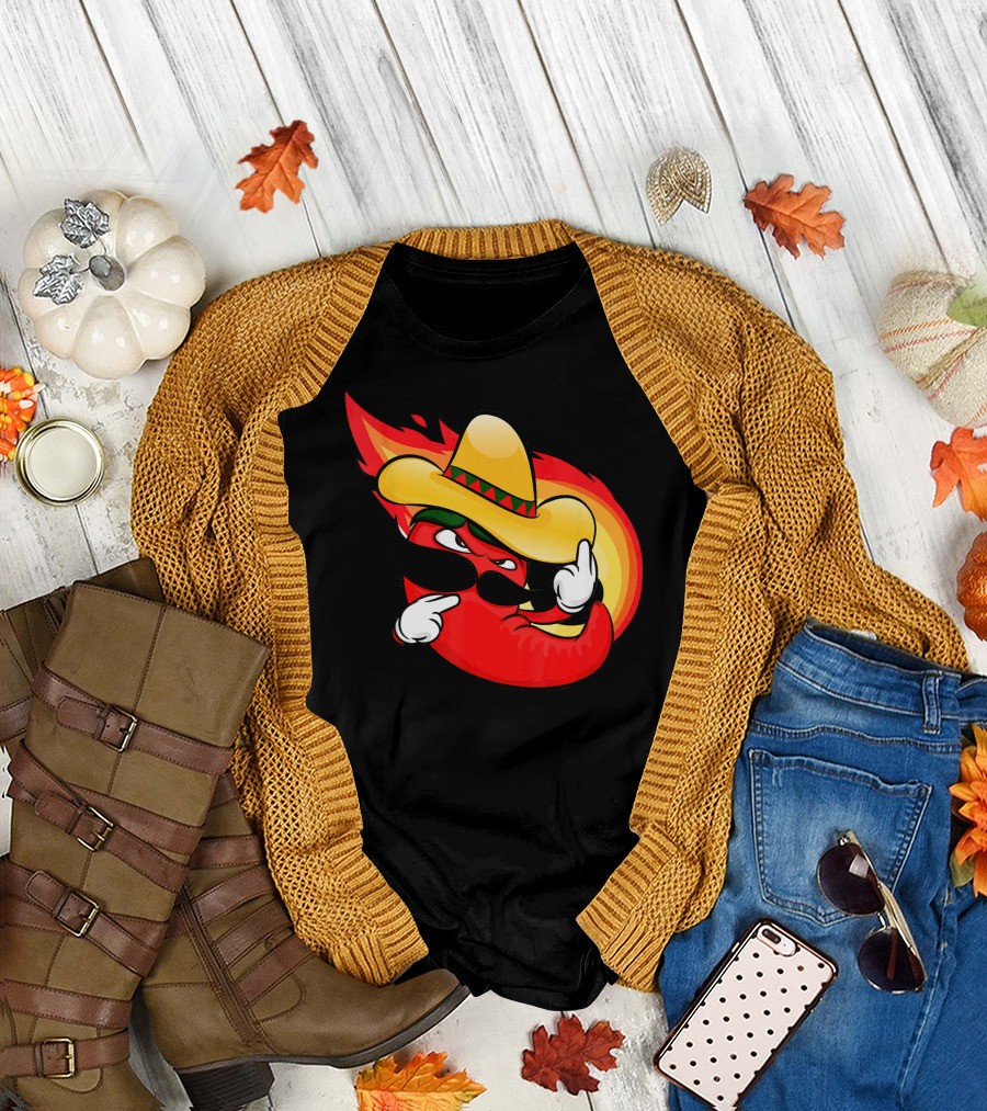 Spicy Hot and Spicy Chili Red with Burning Chili Pepper in Sombrero and Flame Background T-Shirt