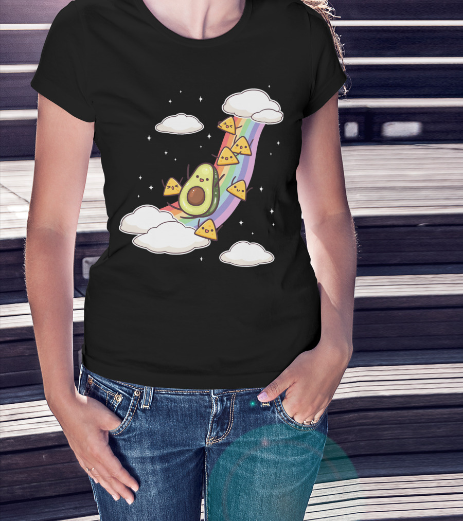 Avocado Nachos Riding A Rainbow With Clouds And Stars Guacamole Fun T-Shirt