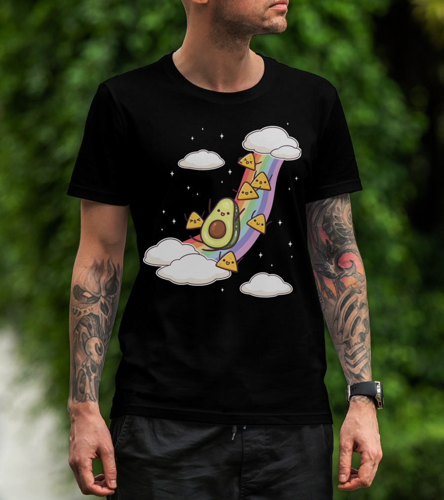 Avocado Nachos Riding A Rainbow With Clouds And Stars Guacamole Fun T-Shirt