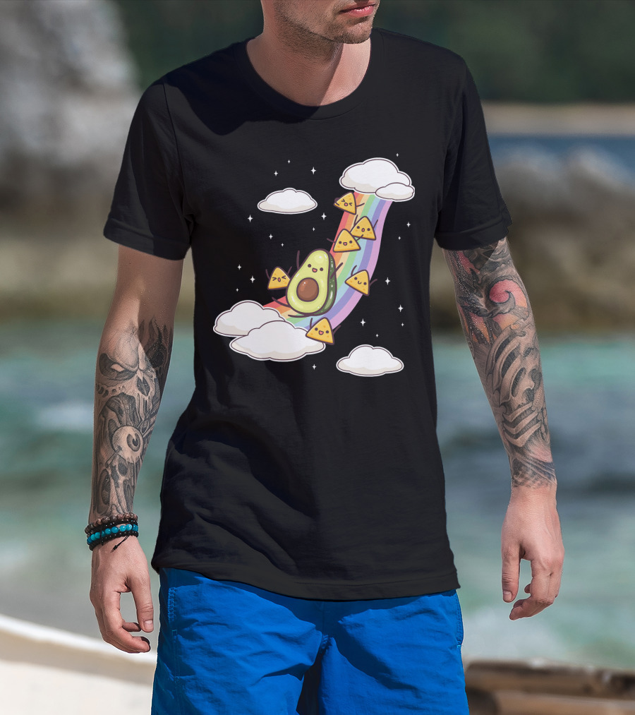 Avocado Nachos Riding A Rainbow With Clouds And Stars Guacamole Fun T-Shirt