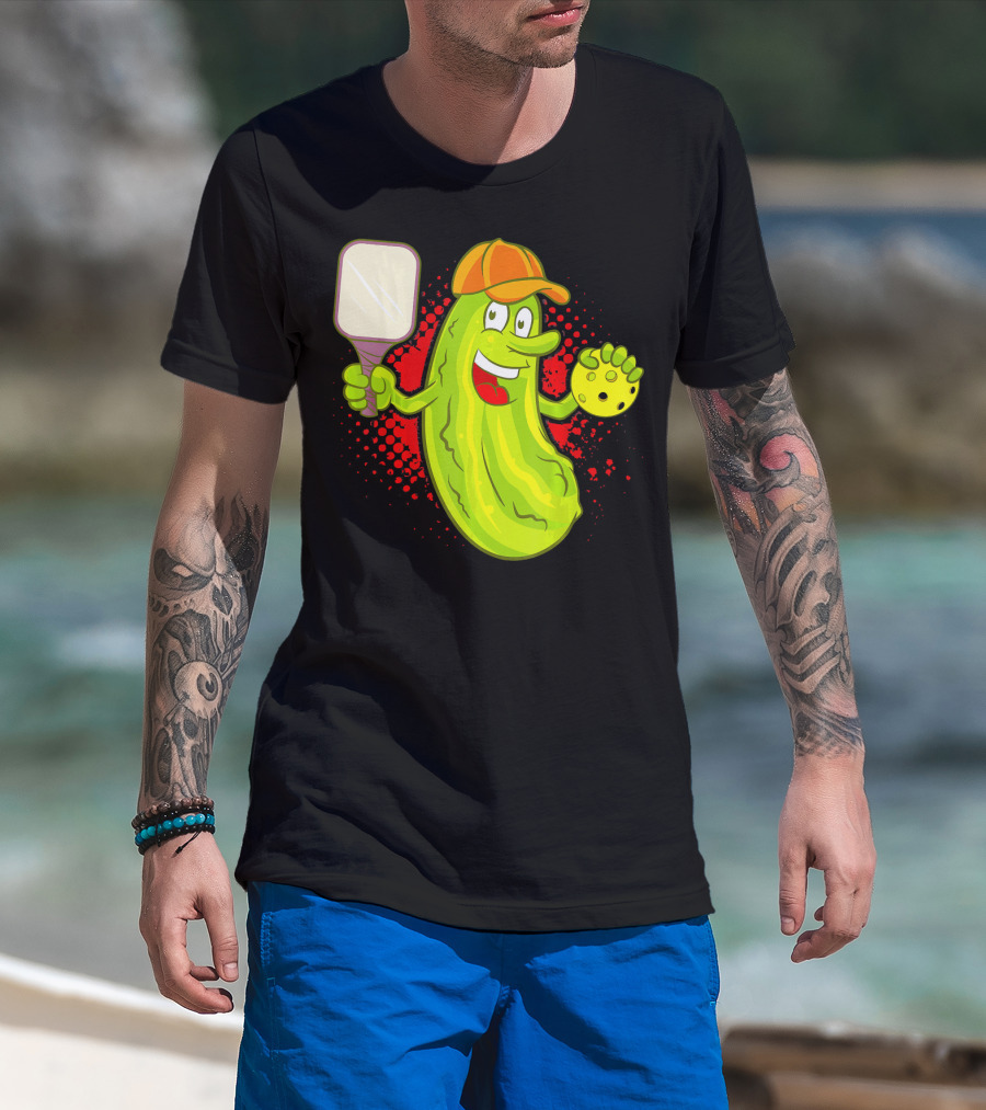 Pickleball Pickle Funny Humor With Paddle And Ball T-Shirt