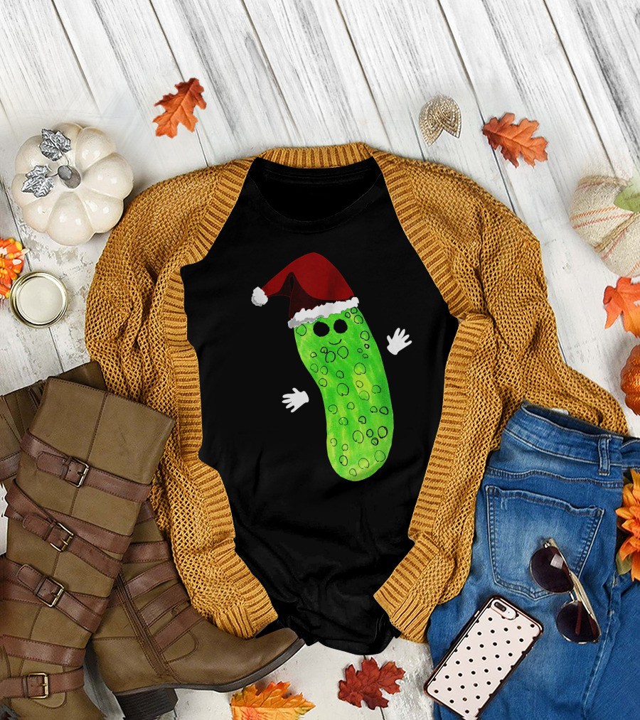 Christmas Pickle Wearing Santa Hat T-Shirt