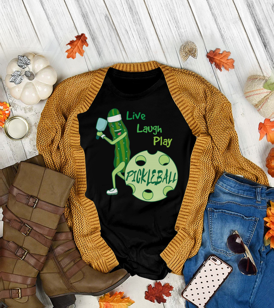 Live Laugh Play Pickleball Funny Sports Pickle Character Paddle T-Shirt