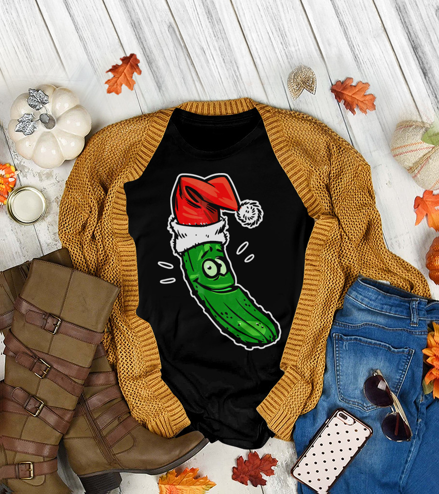 Funny Santa Pickle Christmas Cartoon Santa Hat T-Shirt