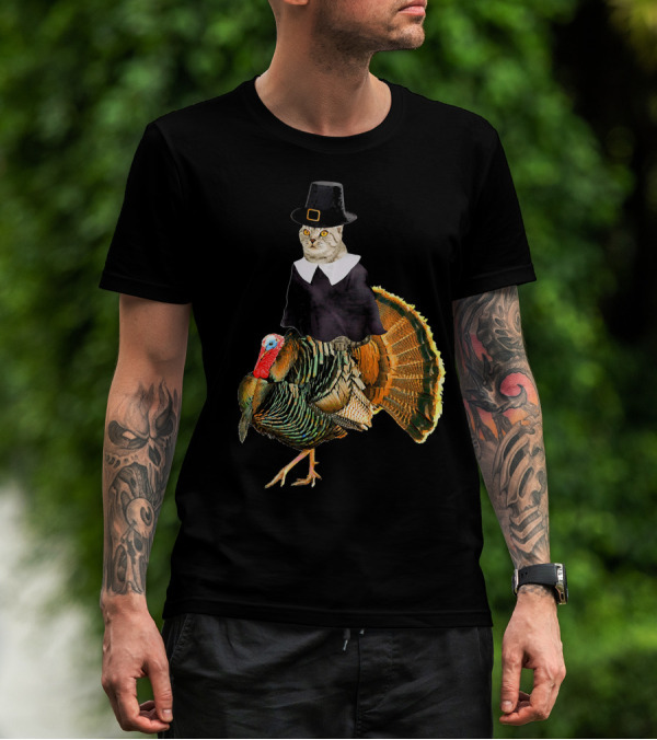 Cat In Pilgrim Outfit On Thanksgiving Turkey T-Shirt