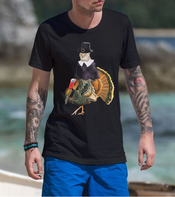Cat In Pilgrim Outfit On Thanksgiving Turkey T-Shirt