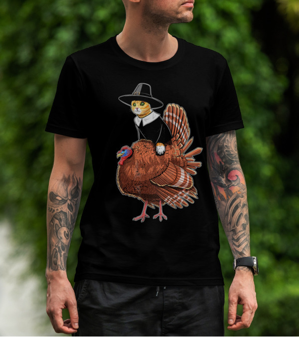 Thanksgiving Cat Dressed As Pilgrim Riding Turkey T-Shirt
