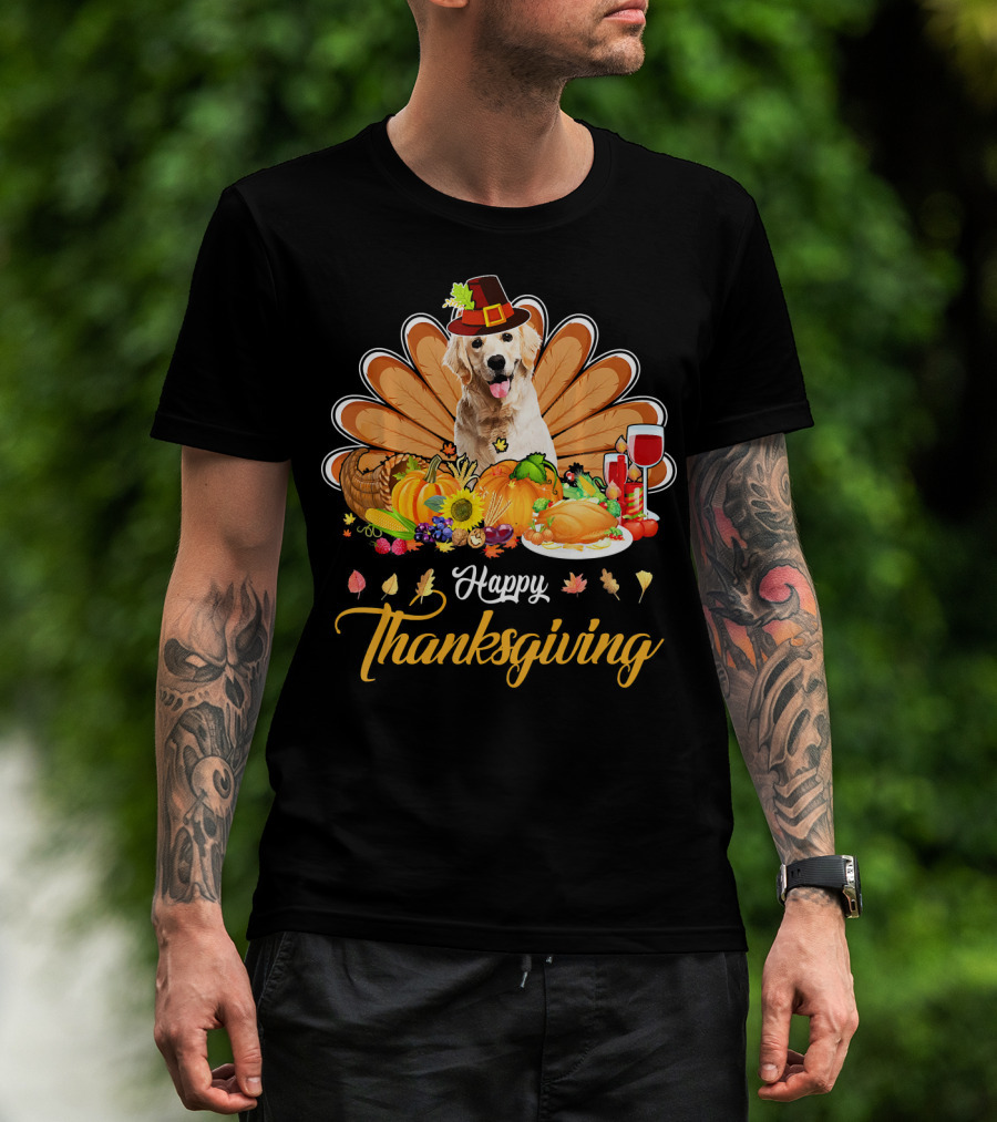 Happy Thanksgiving Golden Retriever Turkey Dish Wine T-Shirt