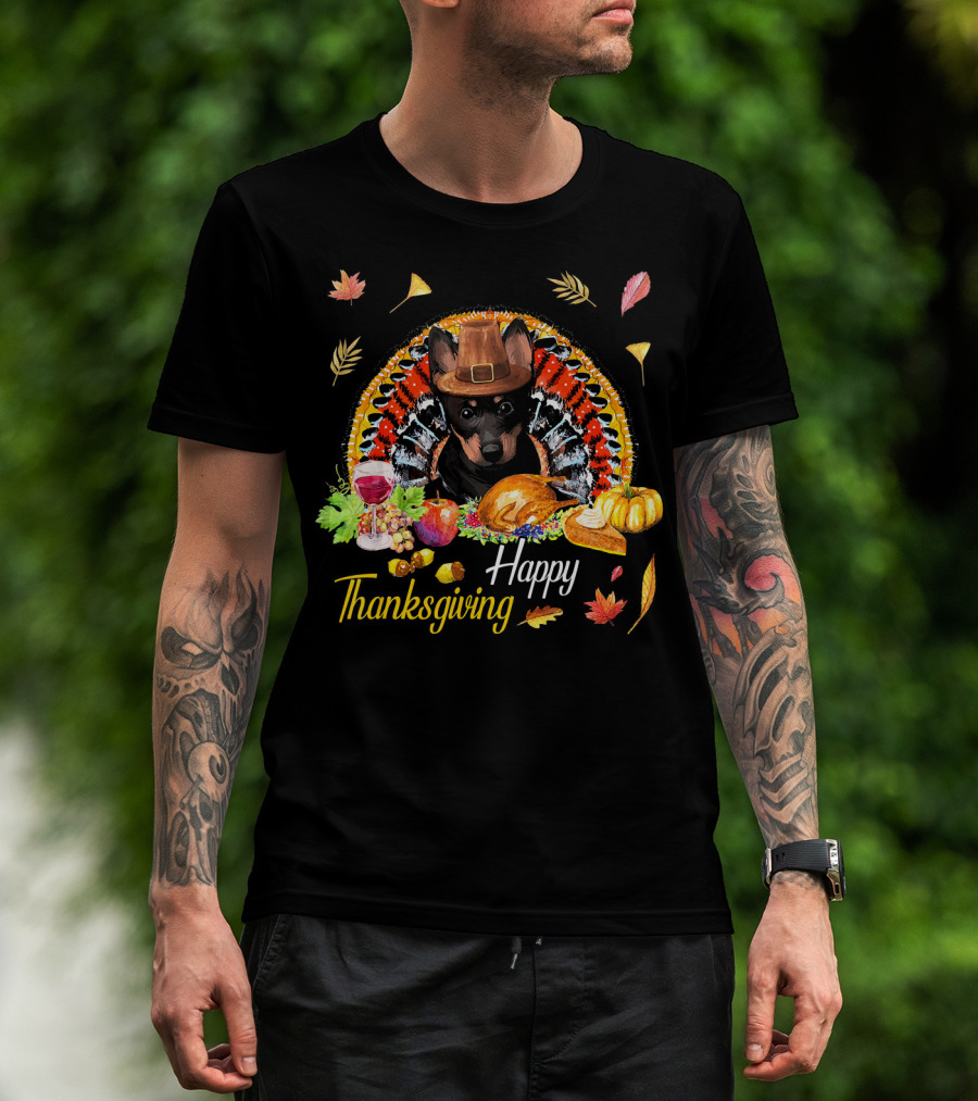 Happy Thanksgiving Heeler Dog With Feast And Autumn Leaves T-Shirt