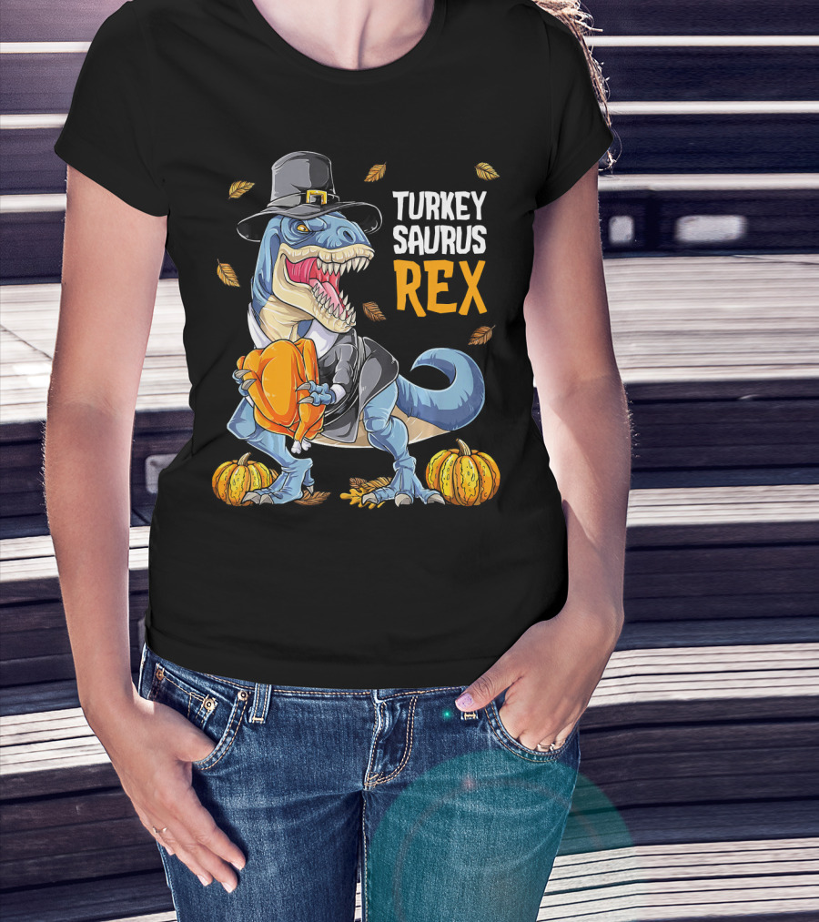 Turkey Saurus Rex Dinosaur Thanksgiving Boys Pilgrim Hat Pumpkin T-Shirt