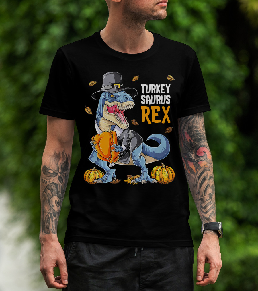 Turkey Saurus Rex Dinosaur Thanksgiving Boys Pilgrim Hat Pumpkin T-Shirt
