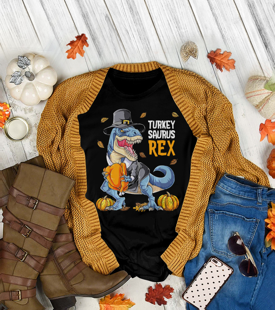 Turkey Saurus Rex Dinosaur Thanksgiving Boys Pilgrim Hat Pumpkin T-Shirt