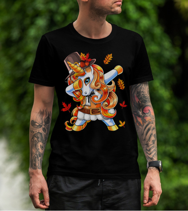 Thanksgiving Pilgrim Unicorn Dabbing Autumn Leaves T-Shirt