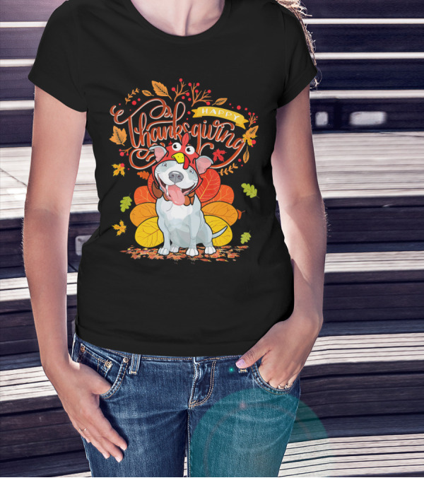 Happy Thanksgiving Pit Bull Wearing Turkey Hat Autumn Leaves T-Shirt