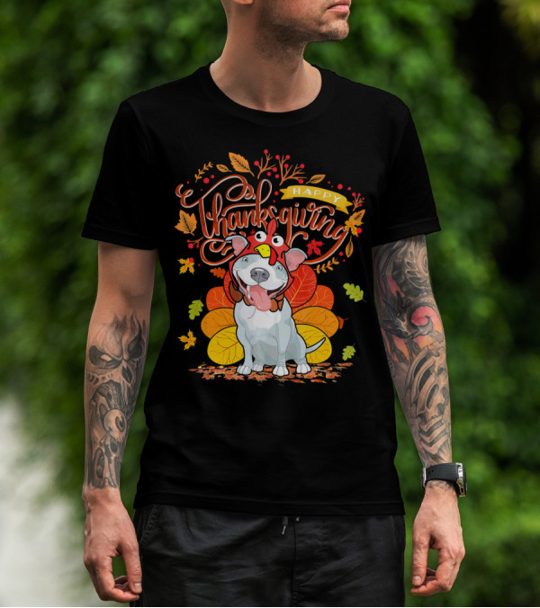 Happy Thanksgiving Pit Bull Wearing Turkey Hat Autumn Leaves T-Shirt
