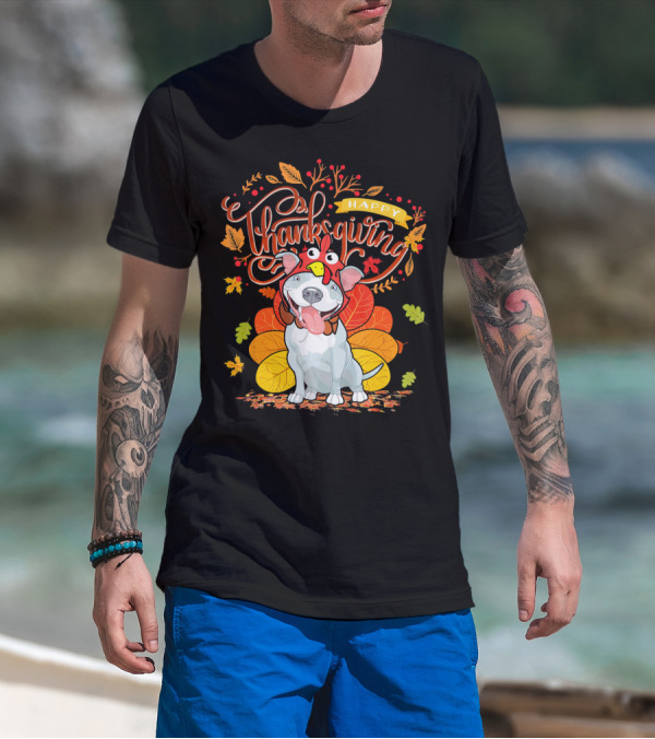 Happy Thanksgiving Pit Bull Wearing Turkey Hat Autumn Leaves T-Shirt