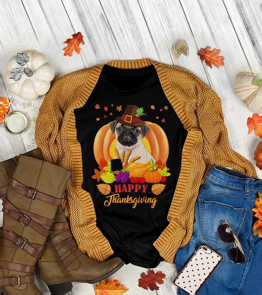 Happy Thanksgiving Pug with Pilgrim Hat and Harvest Pumpkins T-Shirt