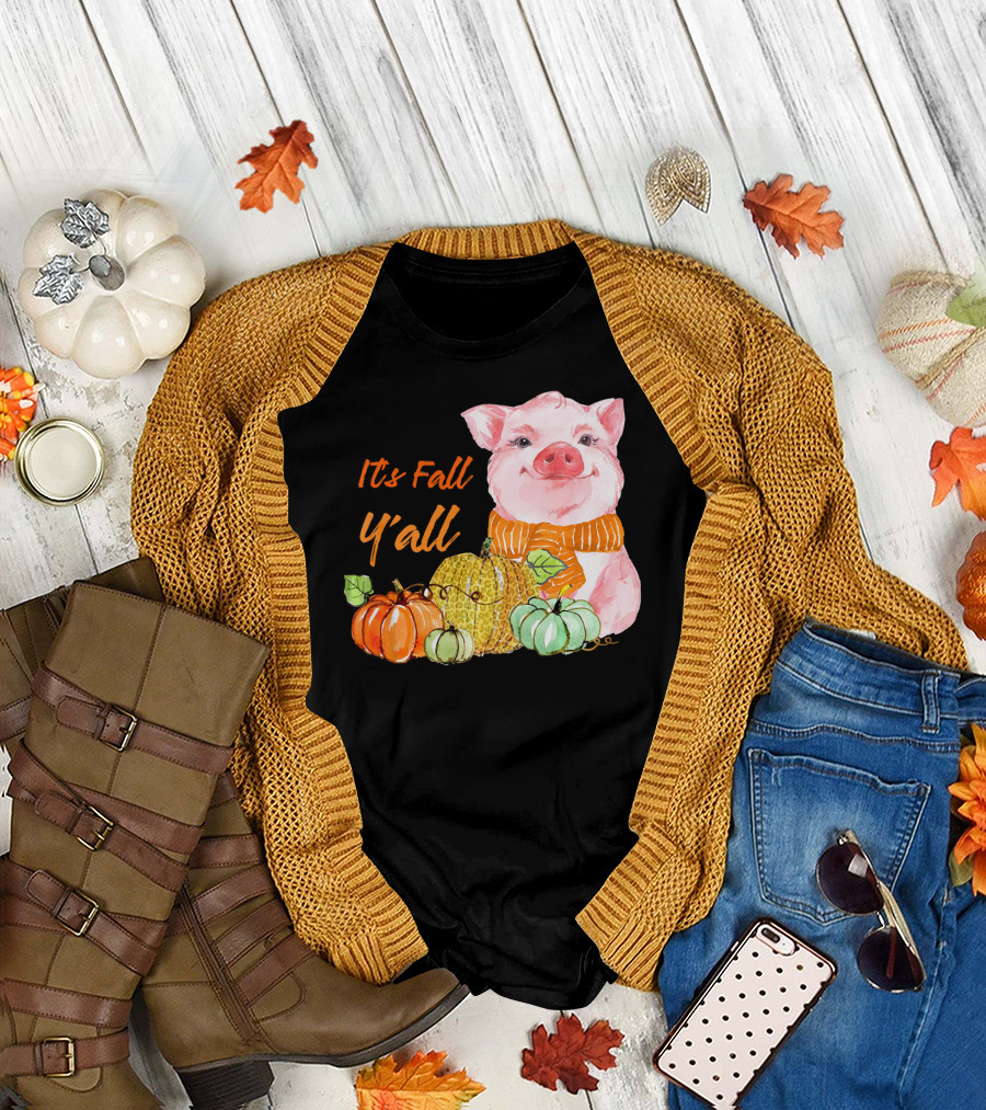 Its Fall Y'all Cute Pig with Leopard Pumpkin Scarf T-Shirt