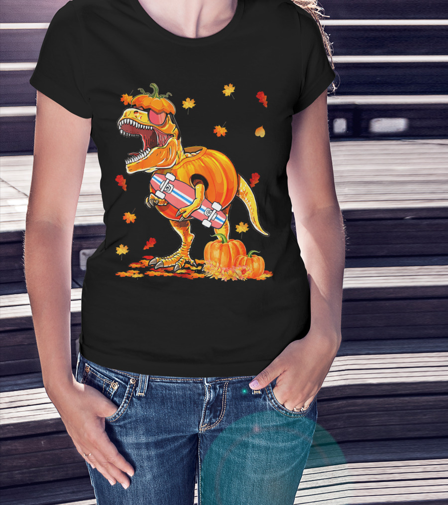 Dinosaur Pumpkin Skateboard Autumn Leaves Hall T-Shirt