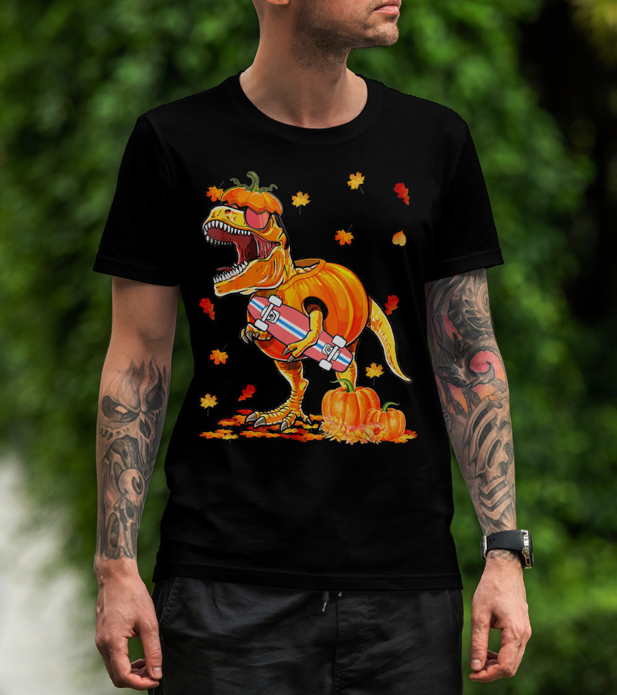 Dinosaur Pumpkin Skateboard Autumn Leaves Hall T-Shirt