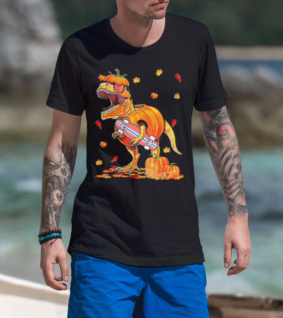Dinosaur Pumpkin Skateboard Autumn Leaves Hall T-Shirt