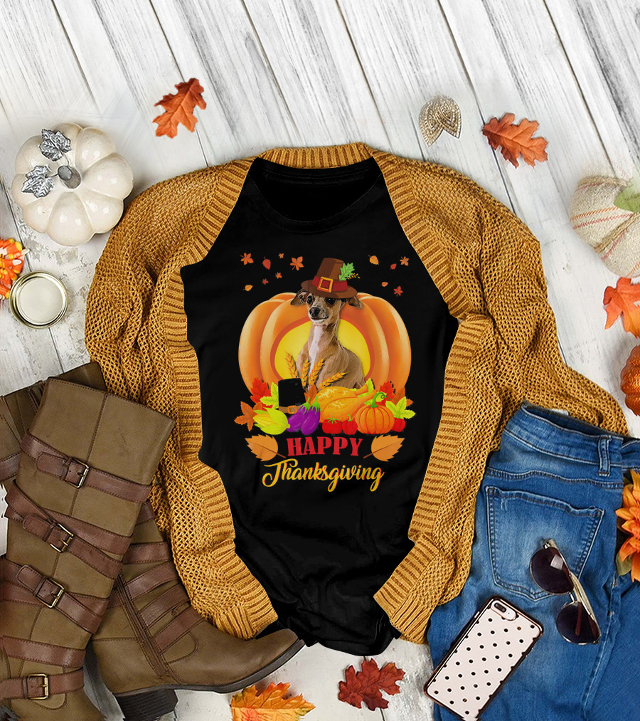 Italian Greyhound Happy Thanksgiving Pilgrim Hat Pumpkin Leaves T-Shirt