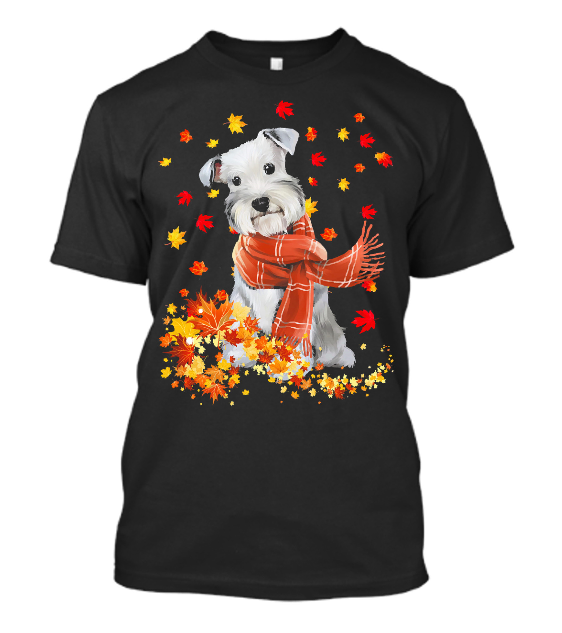 Cute Schnauzer Dog Autumn Leaves And Cozy Scarf T-Shirt