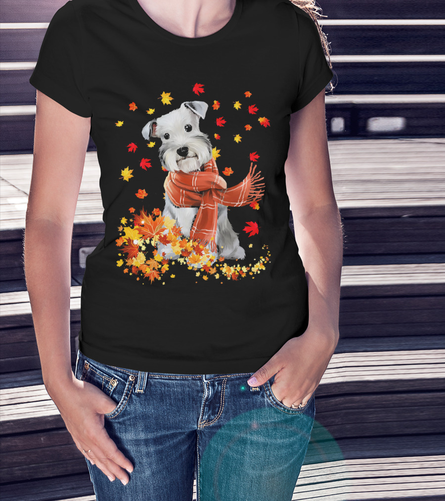Cute Schnauzer Dog Autumn Leaves And Cozy Scarf T-Shirt